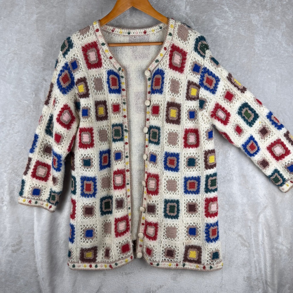 Vintage Handmade Crochet Granny Square Cardigan Sweater Cream Multicolor Boho